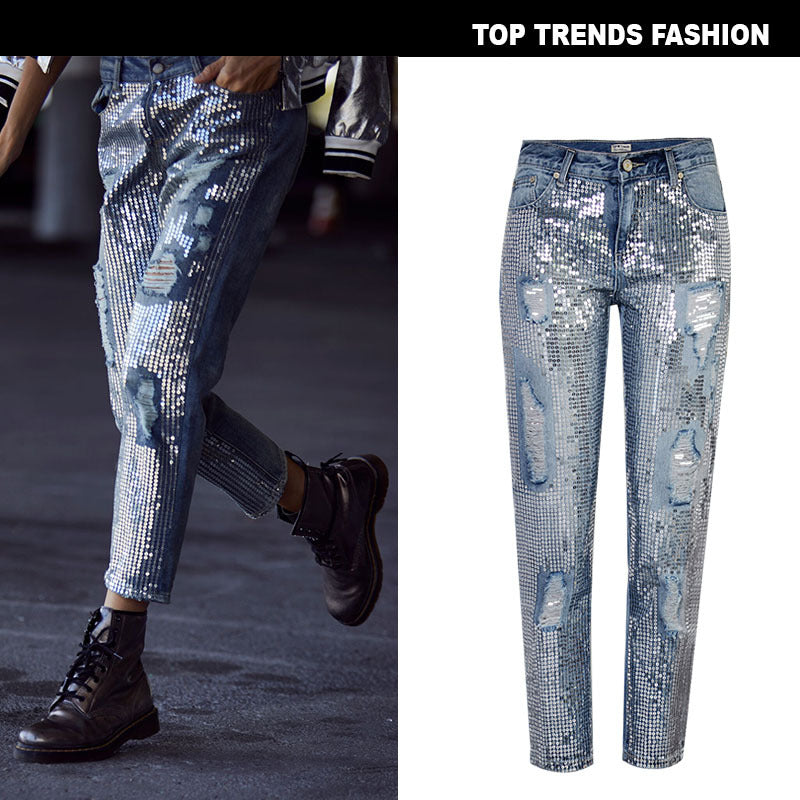 Women's Light Wash Distressed Metallic Embroidered Straight Leg Denim Jeans with Ripped Details