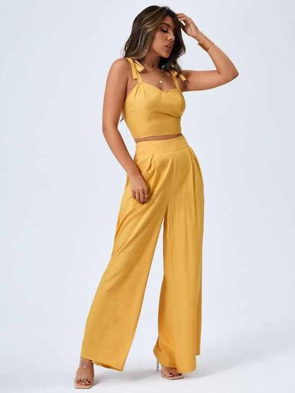 Chic Open Back Suspender Top & Flowing Wide Leg Pants Two-Piece Set for Women - Modern European and American Fashion