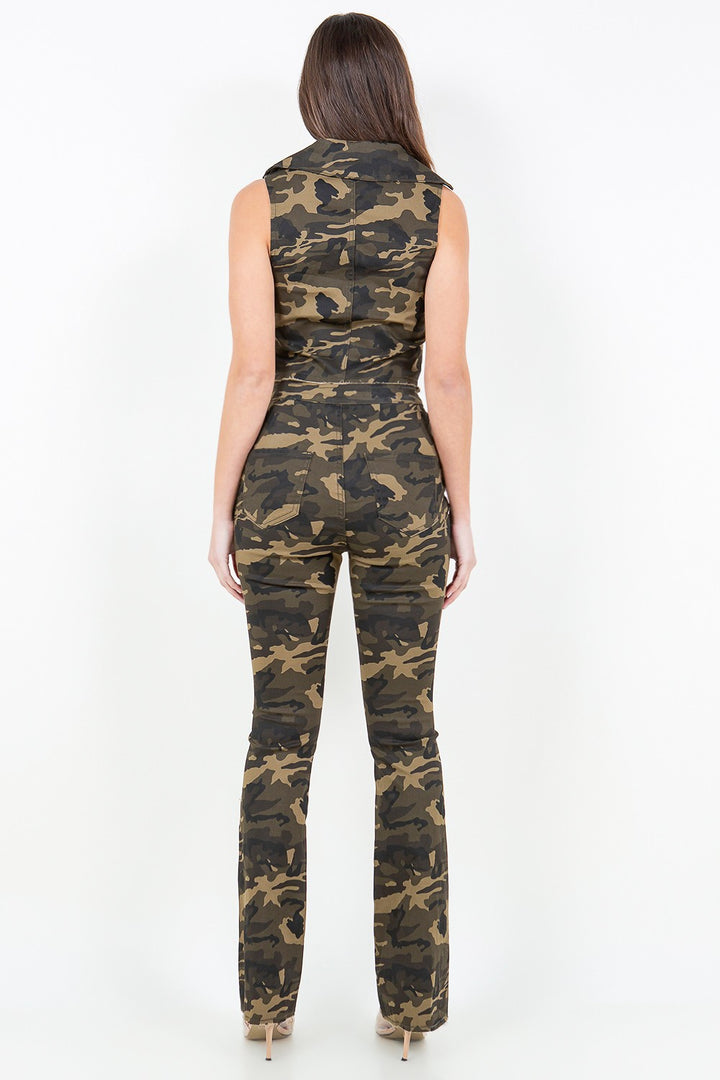 Camo Flare Pants with V-Cut and Ruched Detail