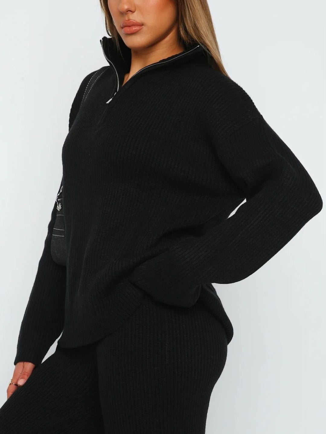 Chic Ribbed Quarter Zip Lounge Set with Long Sleeve Top and Bottom