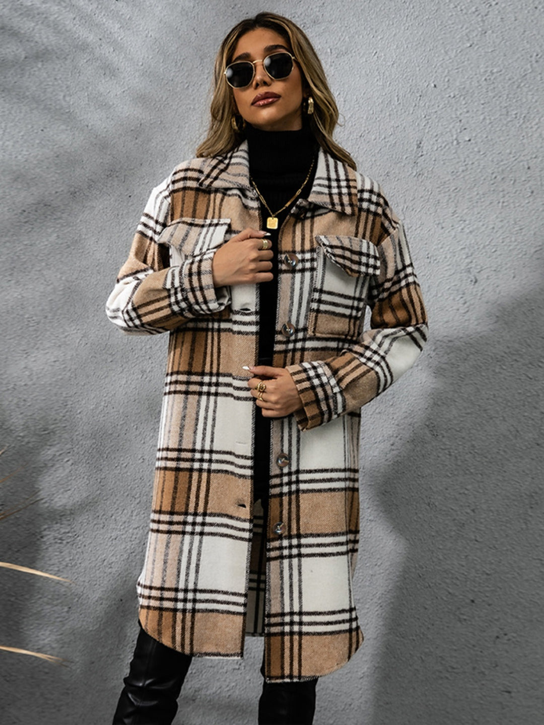 Chic Plaid Long Sleeve Coat with Collared Neck