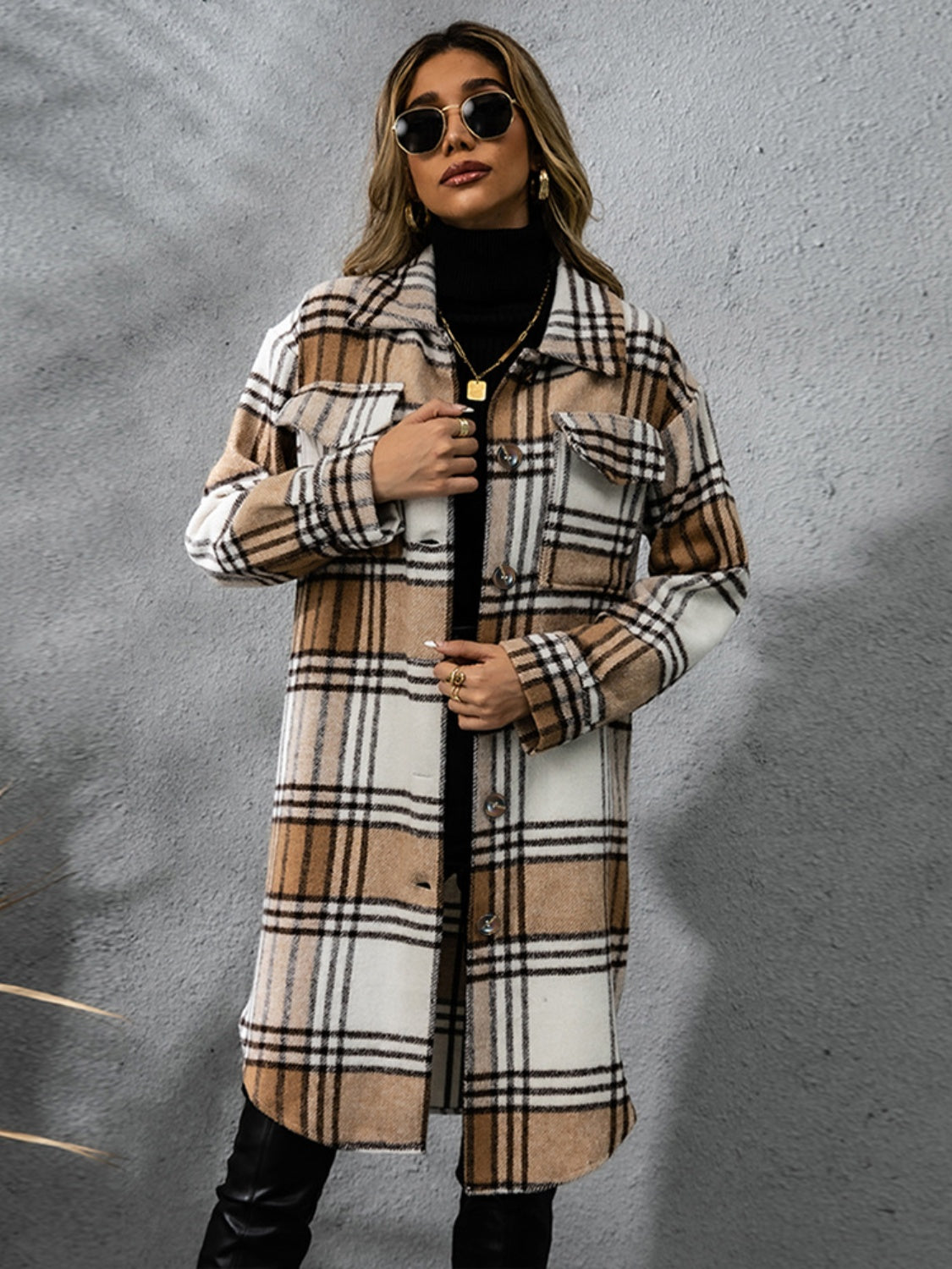 Chic Plaid Long Sleeve Coat with Collared Neck Fashion