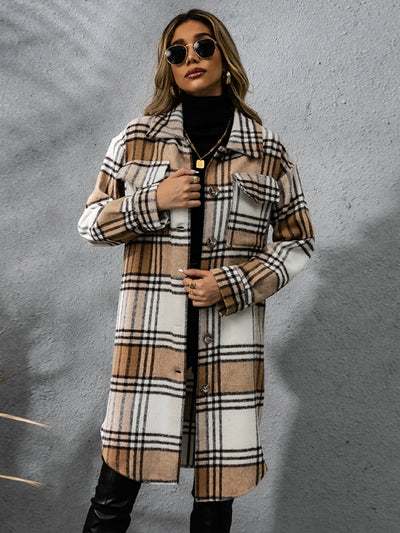 Chic Plaid Long Sleeve Coat with Collared Neck Fashion