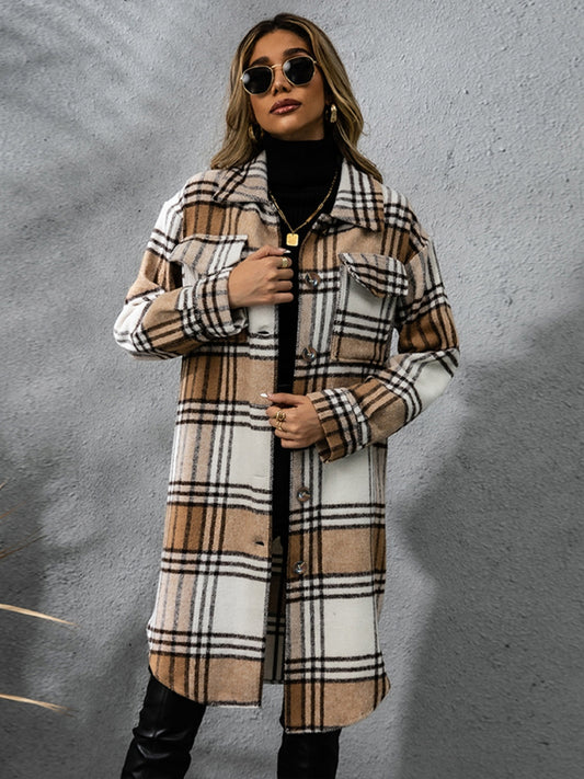 Chic Plaid Long Sleeve Coat with Collared Neck Fashion