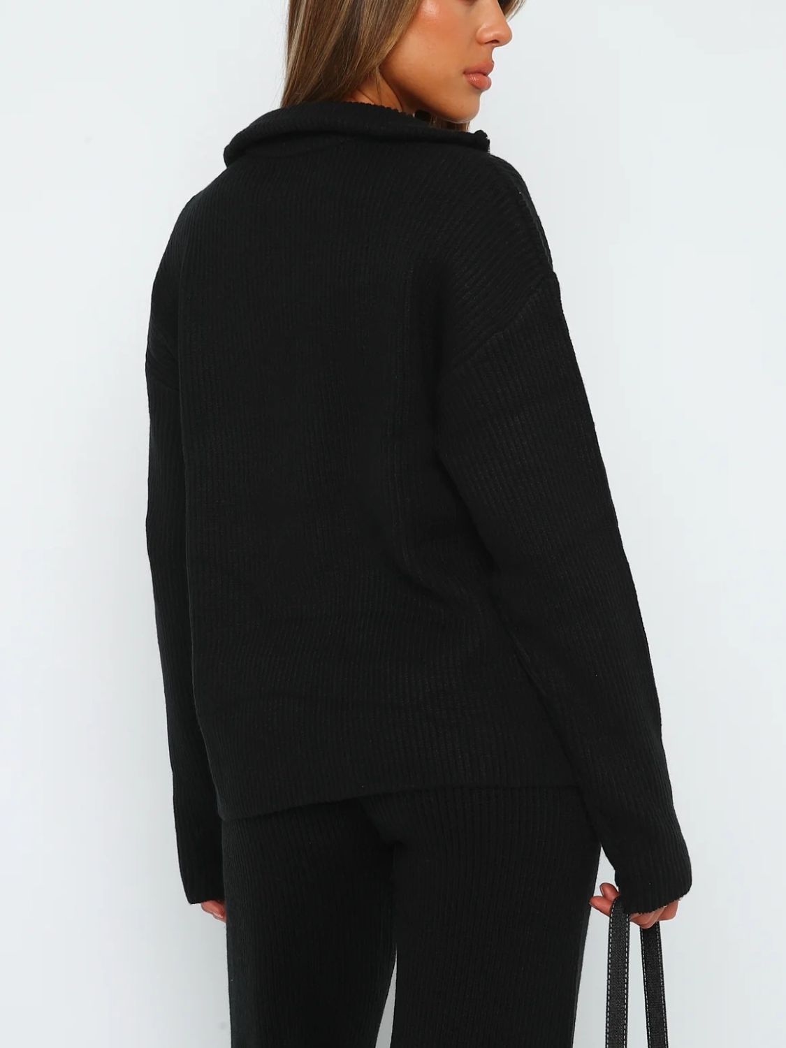 Chic Ribbed Quarter Zip Lounge Set with Long Sleeve Top