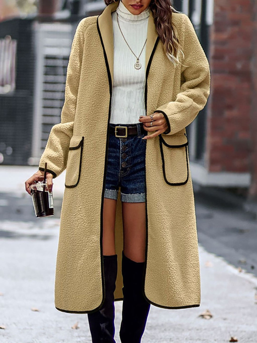 Chic Contrast Trim Long Sleeve Coat with Functional Pockets