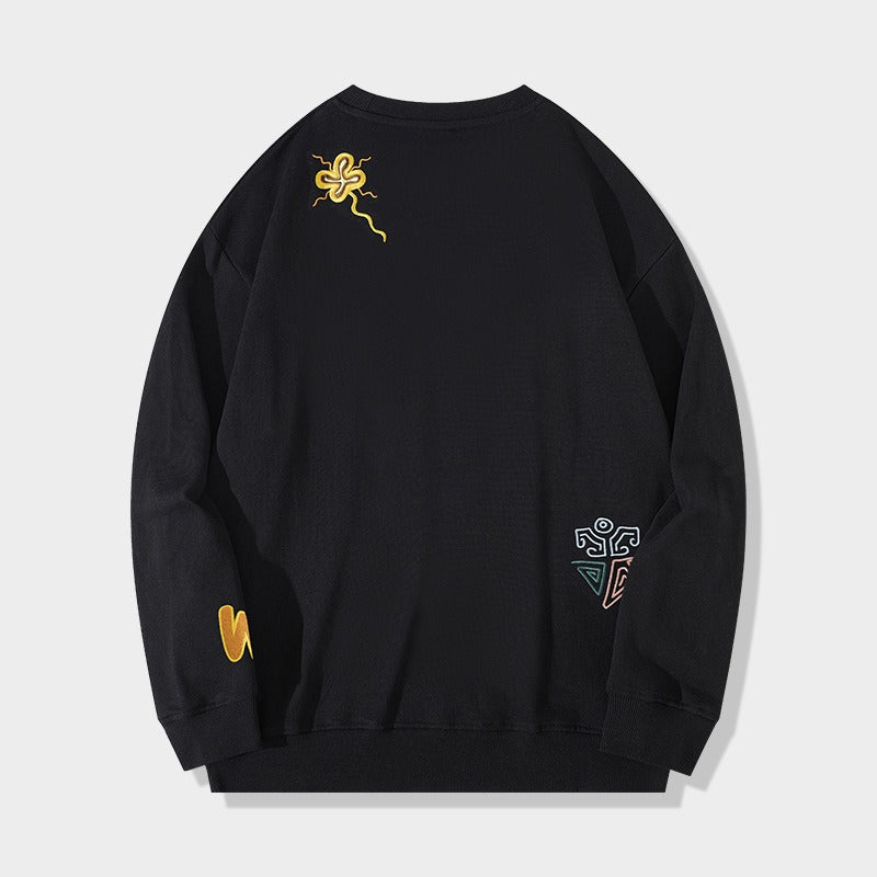 Cultural Charm Cartoon Embroidered Men's Long Sleeve Sweatshirt