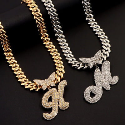 14mm Butterfly Solid Cuban Chain With Cursive Letter Pendant For Bold Personal Style