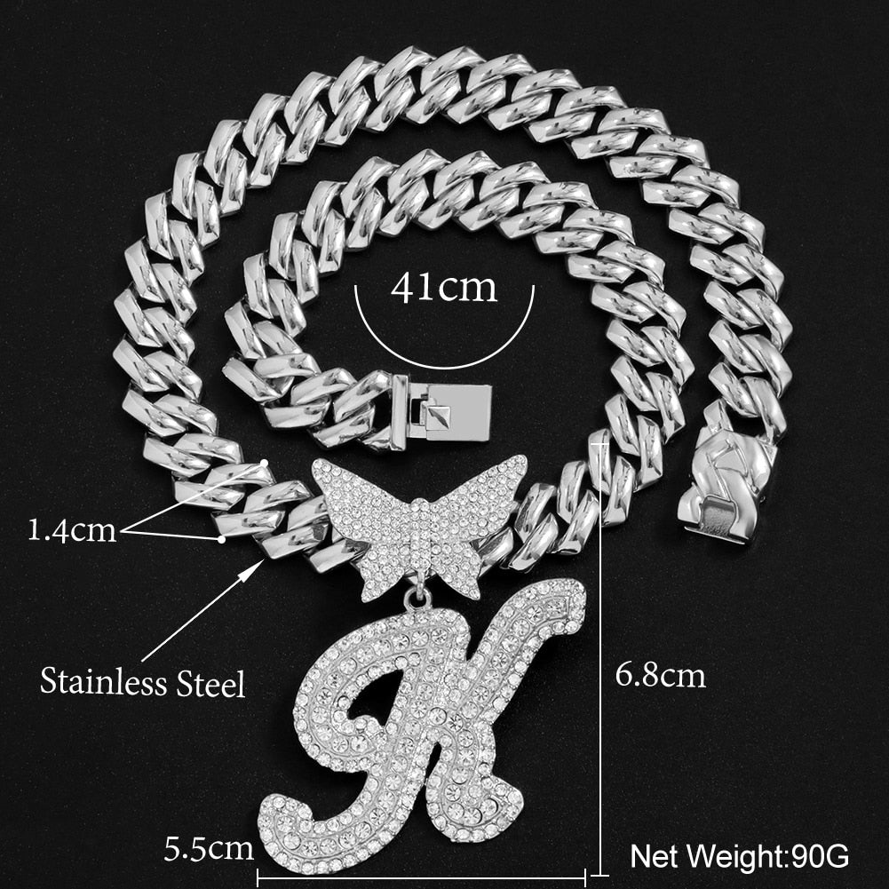 14mm Butterfly Solid Cuban Chain With Cursive Letter Pendant For Bold Personal Style