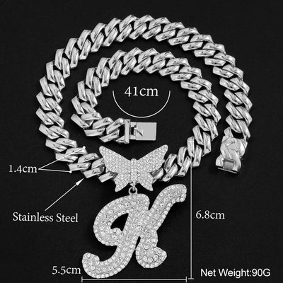 14mm Butterfly Solid Cuban Chain With Cursive Letter Pendant For Bold Personal Style