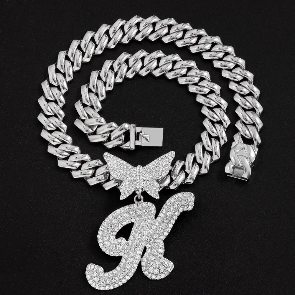 14mm Butterfly Solid Cuban Chain With Cursive Letter Pendant For Bold Personal Style