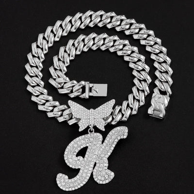 14mm Butterfly Solid Cuban Chain With Cursive Letter Pendant For Bold Personal Style