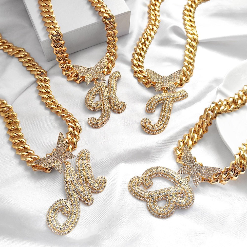 14mm Butterfly Solid Cuban Chain With Cursive Letter Pendant For Bold Personal Style