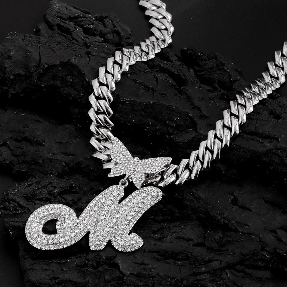 14mm Butterfly Solid Cuban Chain With Cursive Letter Pendant For Bold Personal Style