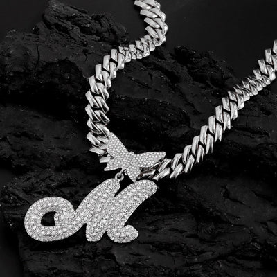 14mm Butterfly Solid Cuban Chain With Cursive Letter Pendant For Bold Personal Style