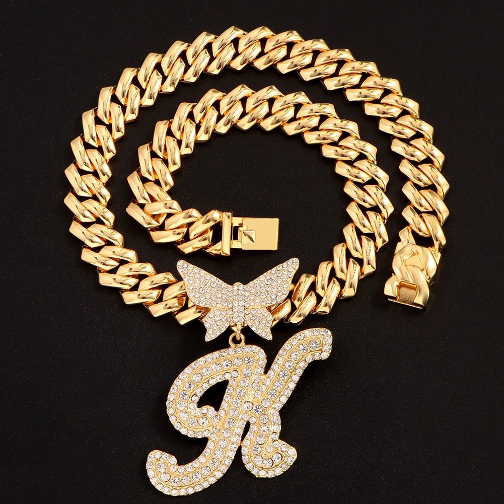 14mm Butterfly Solid Cuban Chain With Cursive Letter Pendant For Bold Personal Style