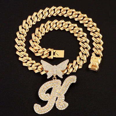 14mm Butterfly Solid Cuban Chain With Cursive Letter Pendant For Bold Personal Style