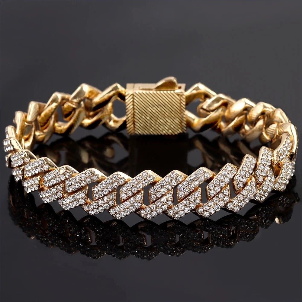 14mm Cuban Link Chain Necklace Set Iced Out Two Row Bling Design With Spring Clasp