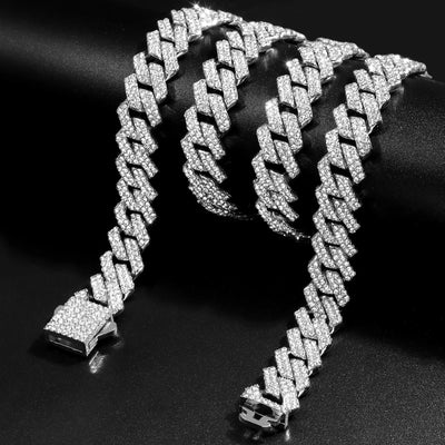 14mm Cuban Link Chain Necklace Set Iced Out Two Row Bling Design With Spring Clasp