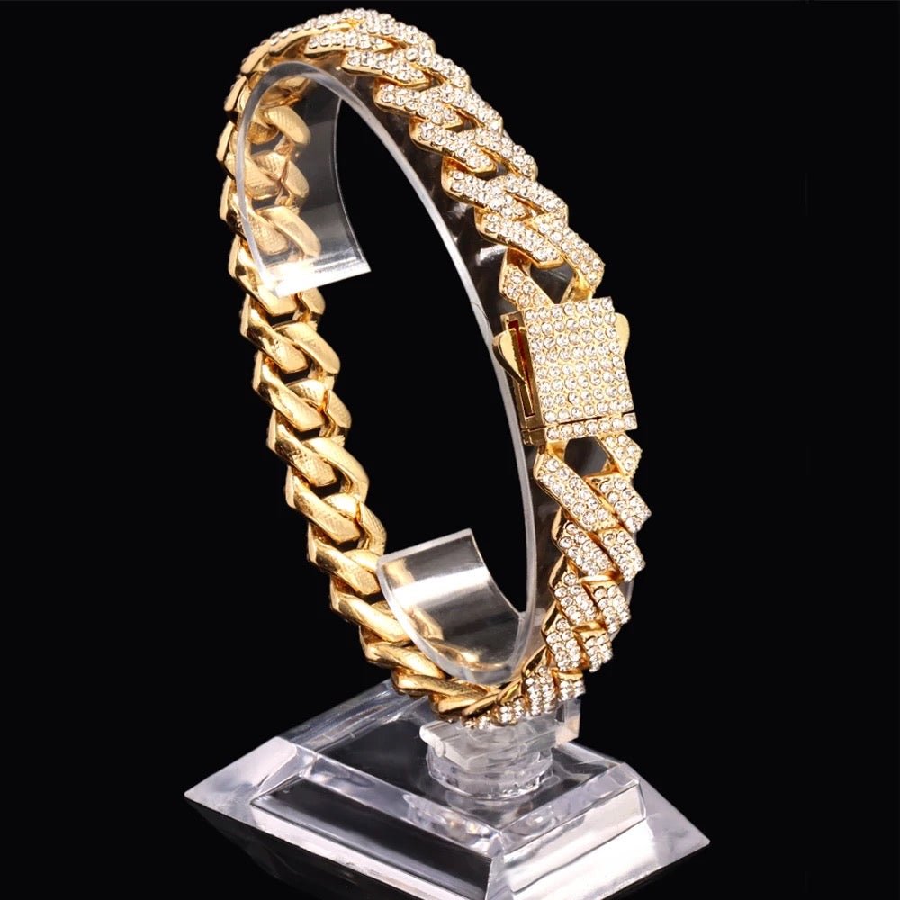 14mm Cuban Link Chain Necklace Set Iced Out Two Row Bling Design With Spring Clasp