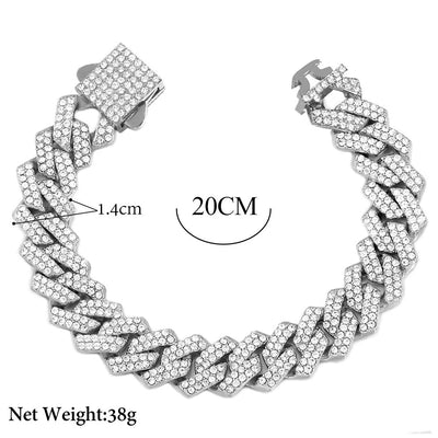 14mm Cuban Link Chain Necklace Set Iced Out Two Row Bling Design With Spring Clasp