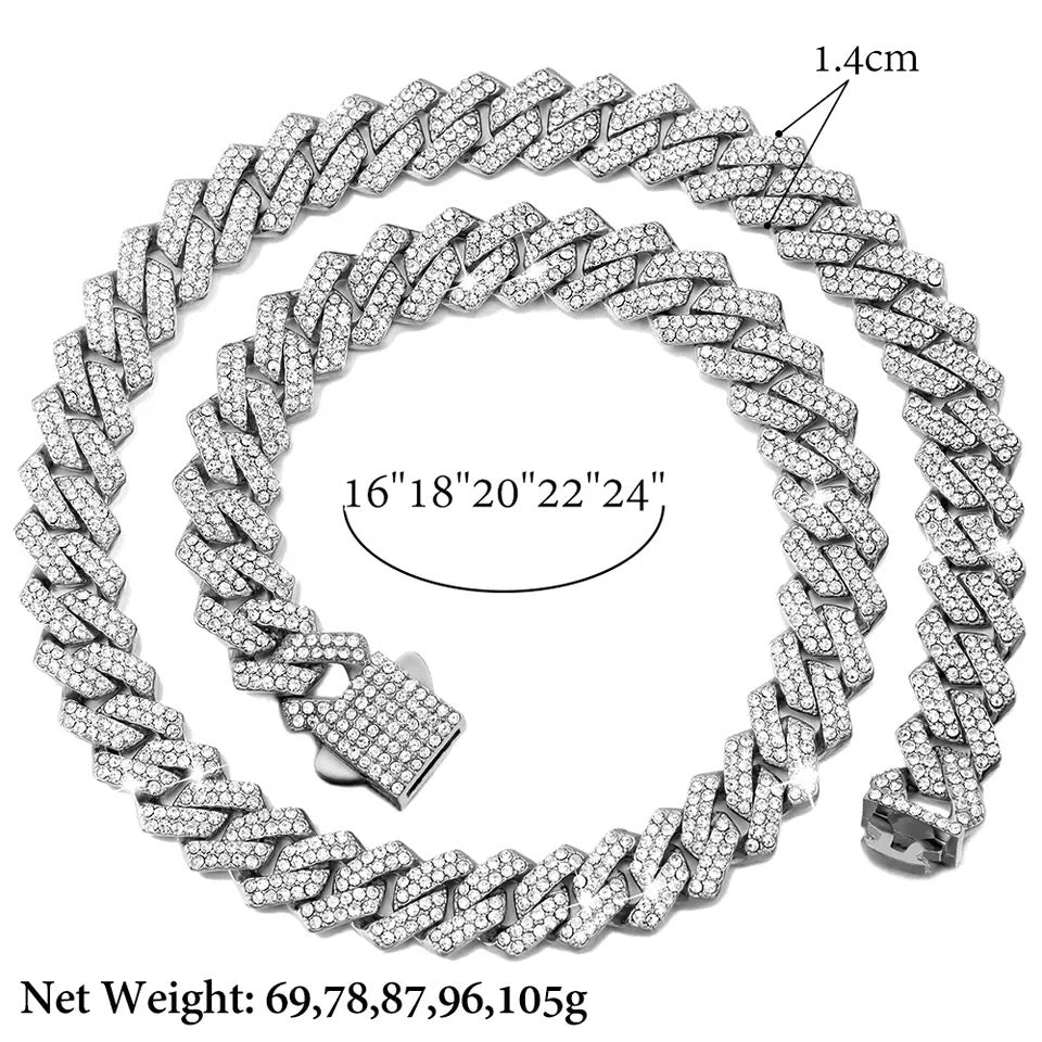 14mm Cuban Link Chain Necklace Set Iced Out Two Row Bling Design With Spring Clasp