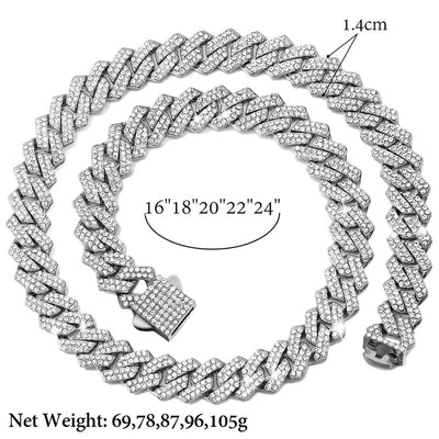 14mm Cuban Link Chain Necklace Set Iced Out Two Row Bling Design With Spring Clasp