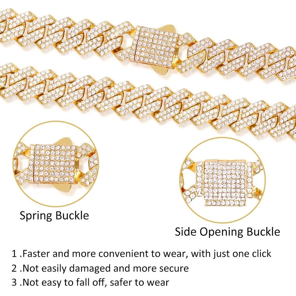 14mm Cuban Link Chain Necklace Set Iced Out Two Row Bling Design With Spring Clasp