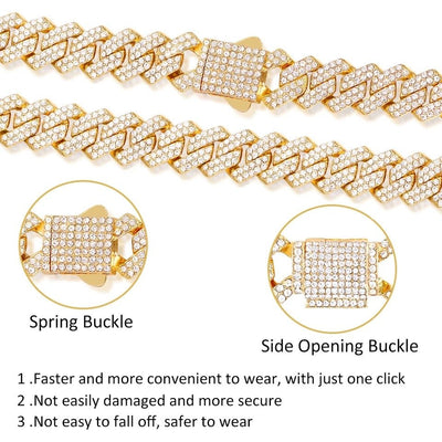 14mm Cuban Link Chain Necklace Set Iced Out Two Row Bling Design With Spring Clasp