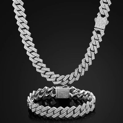 14mm Cuban Link Chain Necklace Set Iced Out Two Row Bling Design With Spring Clasp