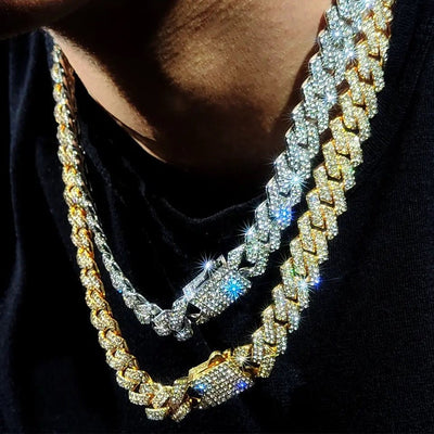14mm Cuban Link Chain Necklace Set Iced Out Two Row Bling Design With Spring Clasp