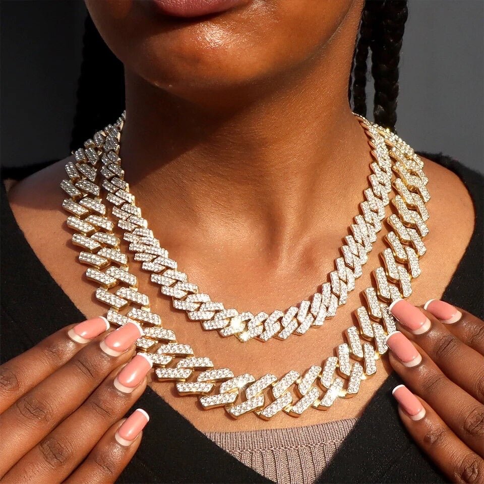 14mm Cuban Link Chain Necklace Set Iced Out Two Row Bling Design With Spring Clasp
