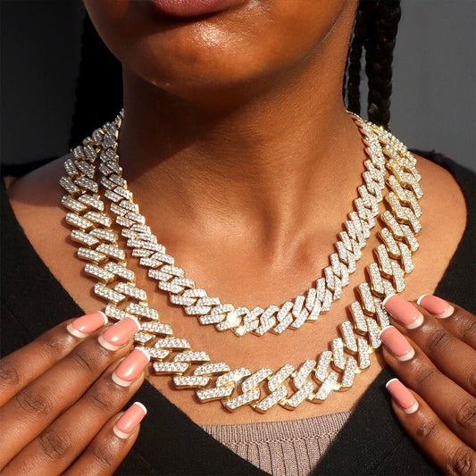 14mm Cuban Link Chain Necklace Set Iced Out Two Row Bling Design With Spring Clasp