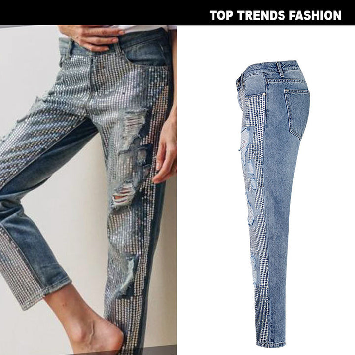 Women's Light Wash Distressed Metallic Embroidered Straight Leg Denim Jeans with Ripped Details