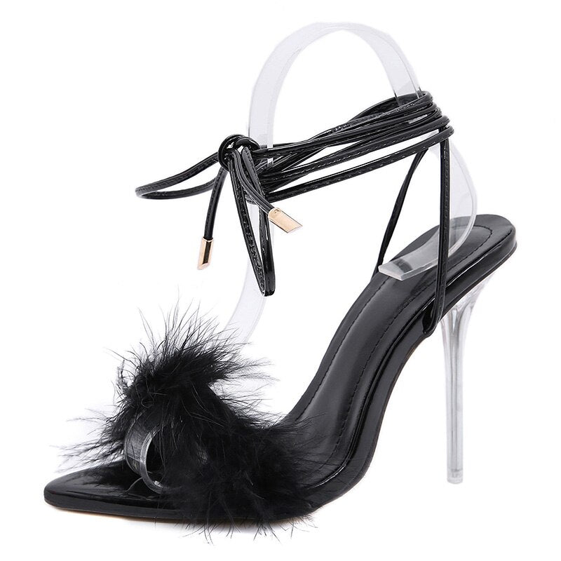 Exotic Elegance: Pointed Toe  Heels with Feather Accents and Clear Straps