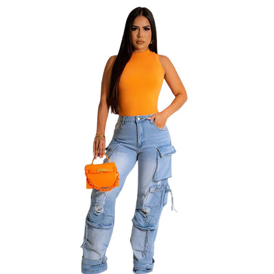 Vintage-Inspired Denim Cargo Pants with 3D Accents Style