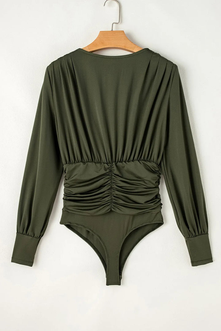 Chic Ruched Long Sleeve Bodysuit with Surplice Neckline