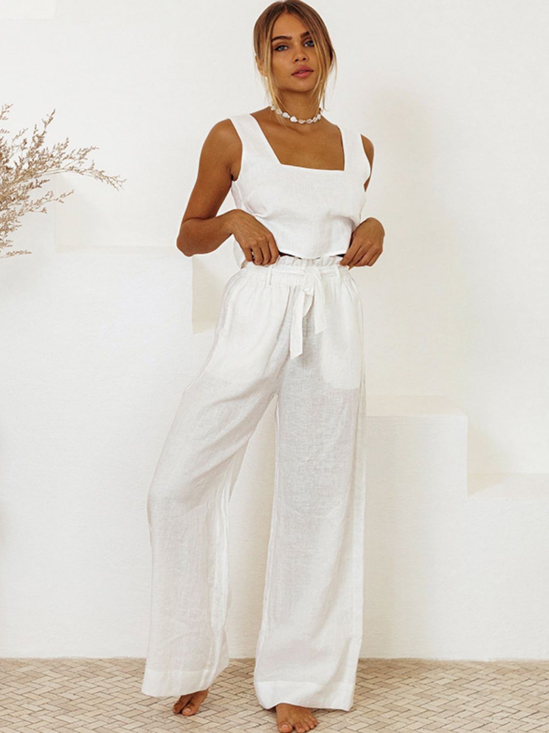 Elegant Square Neck Sleeveless Top and Trousers Set Sale