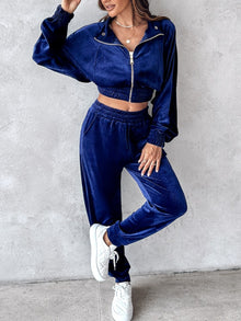 Cropped Zip-Up Long Sleeve Top and Jogger Set for Women
