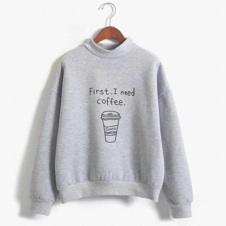 Kawaii Coffee Lover's Harajuku Style Fleece Turtleneck Hoodie for Women