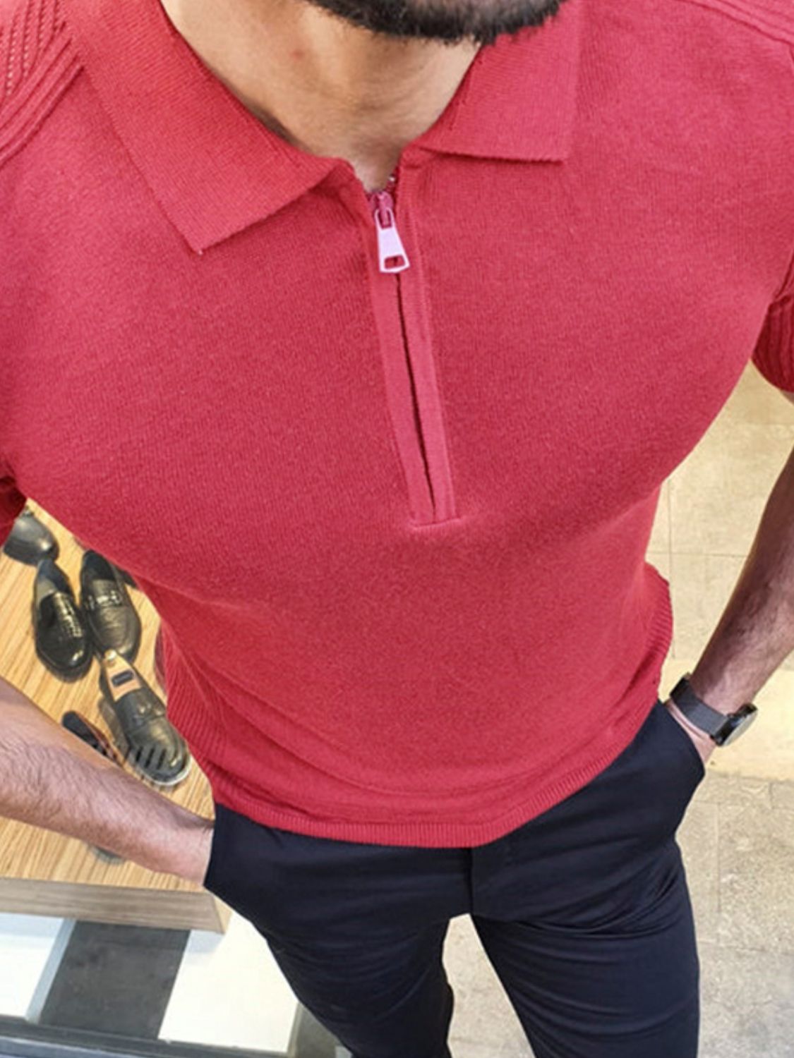 Men's Collared Neck Quarter Zip Knit Polo for Stylish Comfort