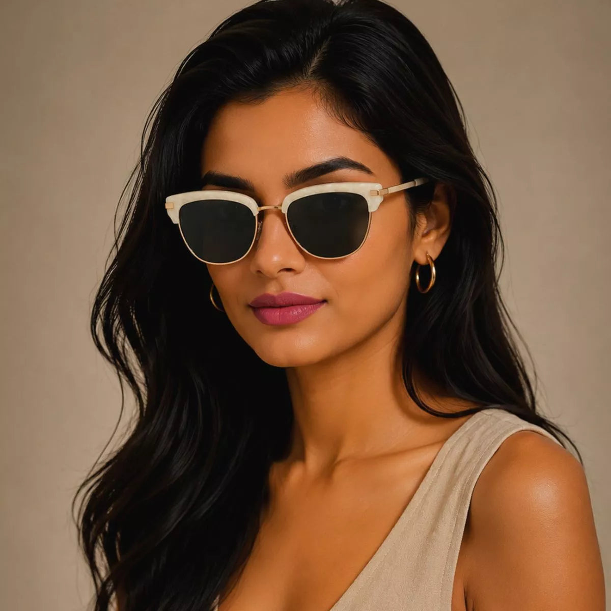 Classic Clubmaster Style Sunglasses with Gold Accents