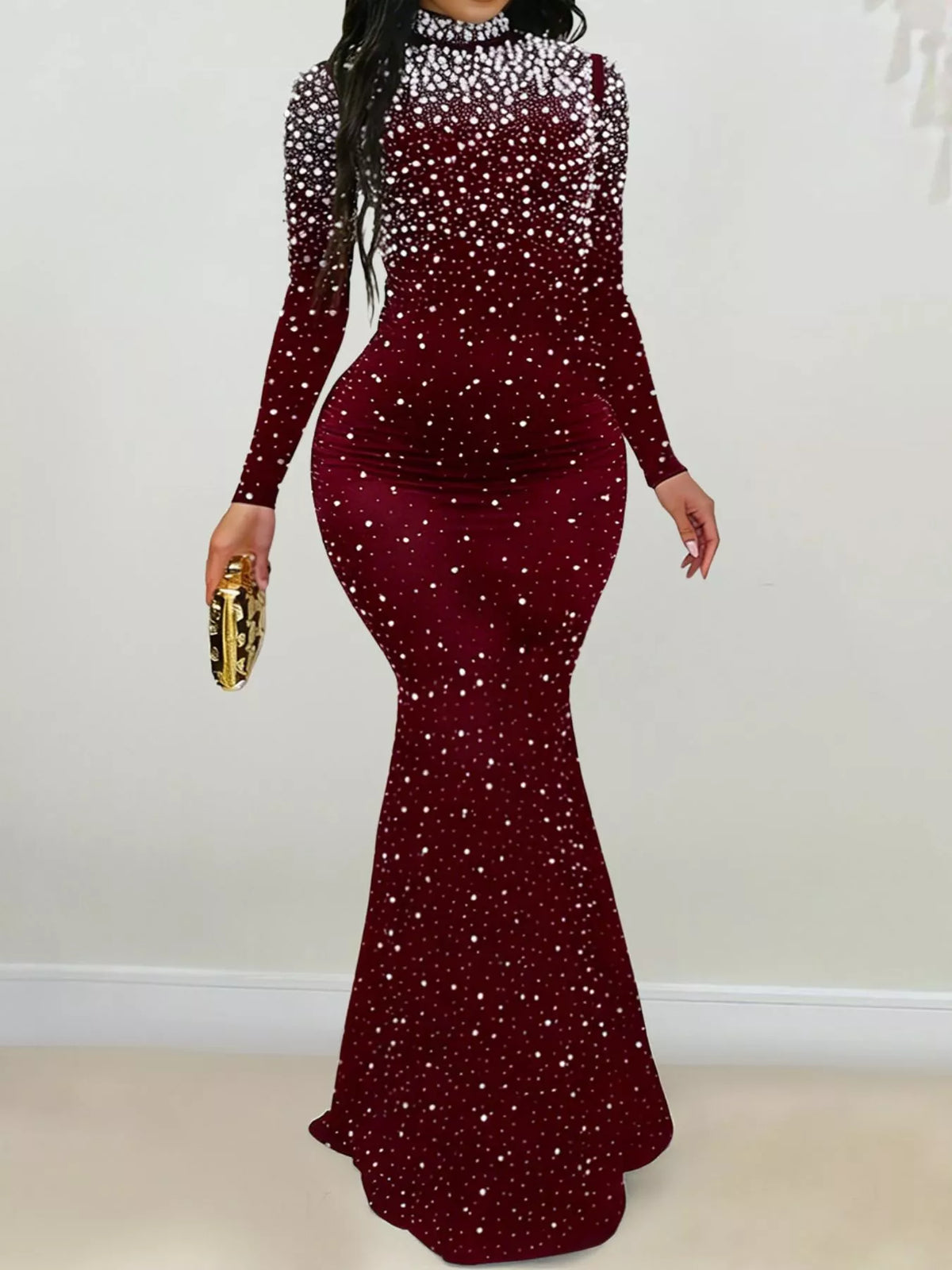 Rhinestone Long Sleeve Mermaid Maxi Dress