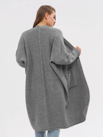 Pocketed Open Front Long Sleeve Longline Cardigan for Women