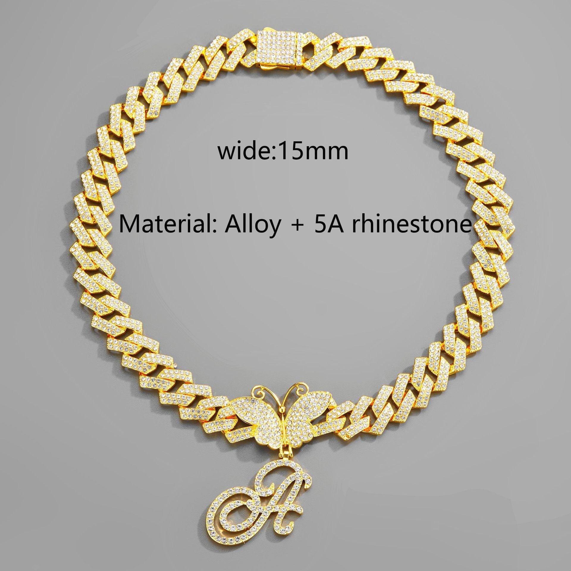 18inch  Cuban Chain Butterfly Letter Full Diamond Pendant Cuban Chain Personalized Exaggerated Thick Chain Hiphop Jewelry