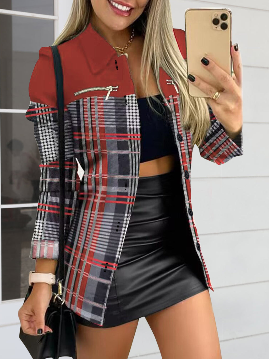 Chic Printed Button-Up Shacket with Zip Accents for Style