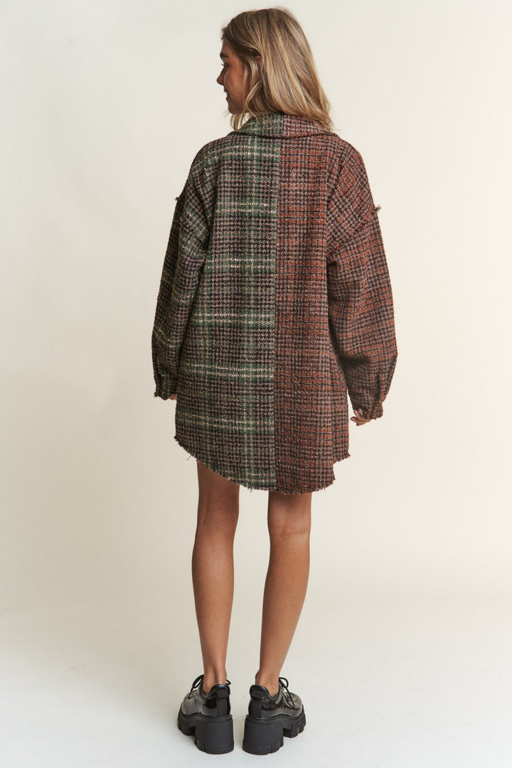 J.NNA Longline Tweed Plaid Shacket with Snap Down Closure