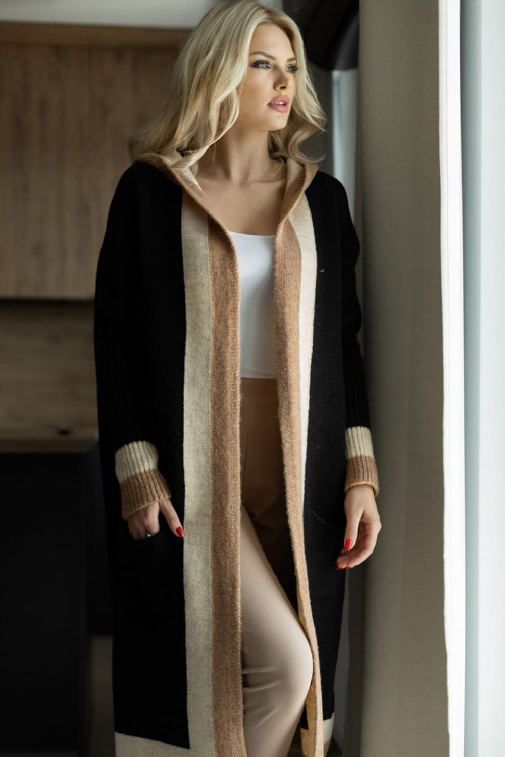Pocketed Contrast Long Sleeve Hooded Cardigan for Women