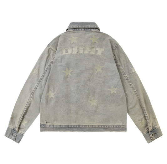 Men's Trendy Denim Jacket with Zipper Lapel and Embroidered Pentagram