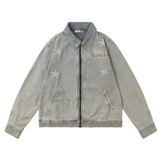 Men's Trendy Denim Jacket with Zipper Lapel and Embroidered Pentagram